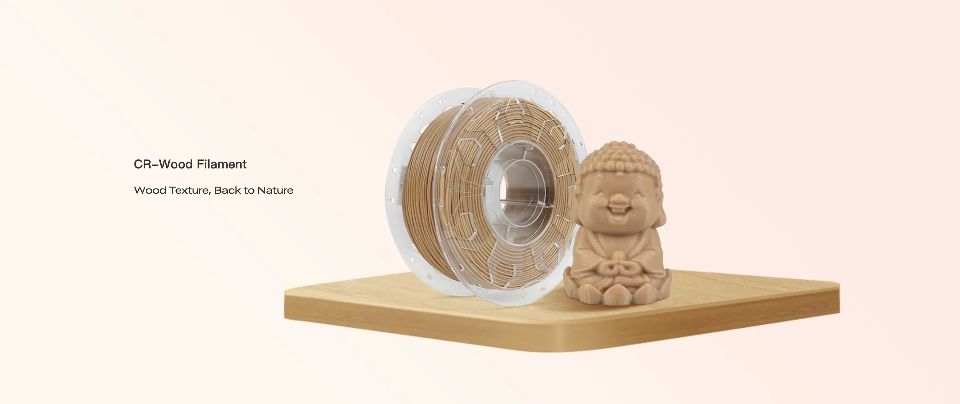Creality CR-Wood PLA filament spool and printed model showing wood texture material for 3D printing