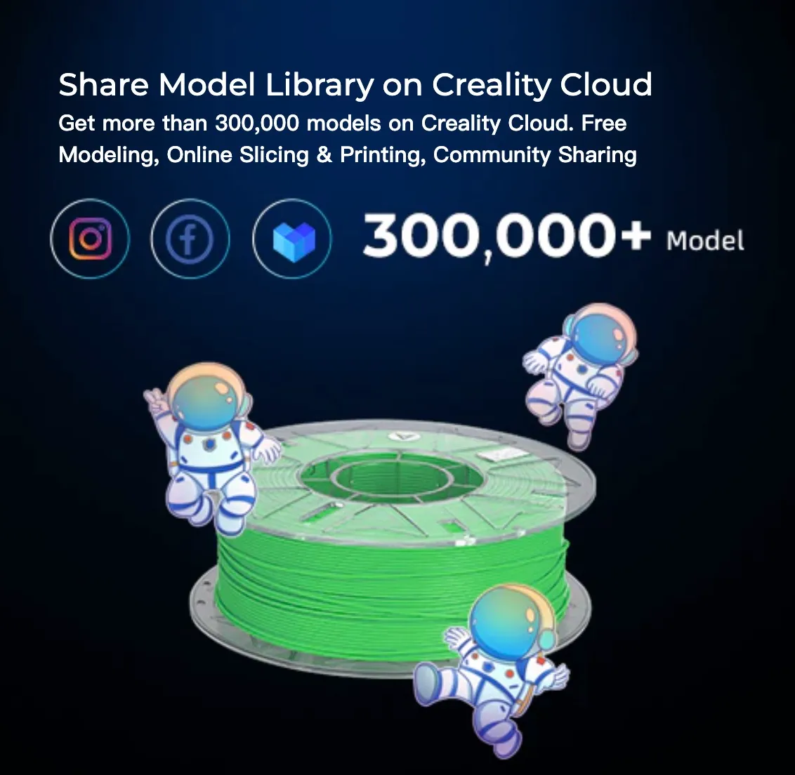 Creality Cloud platform with 300000 plus models and Hyper PLA filament spool with astronaut illustration