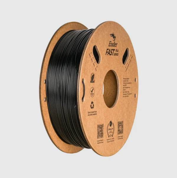 Creality Ender Fast PLA black 3D printing filament spool 1.75mm 1kg angled view with paper reel