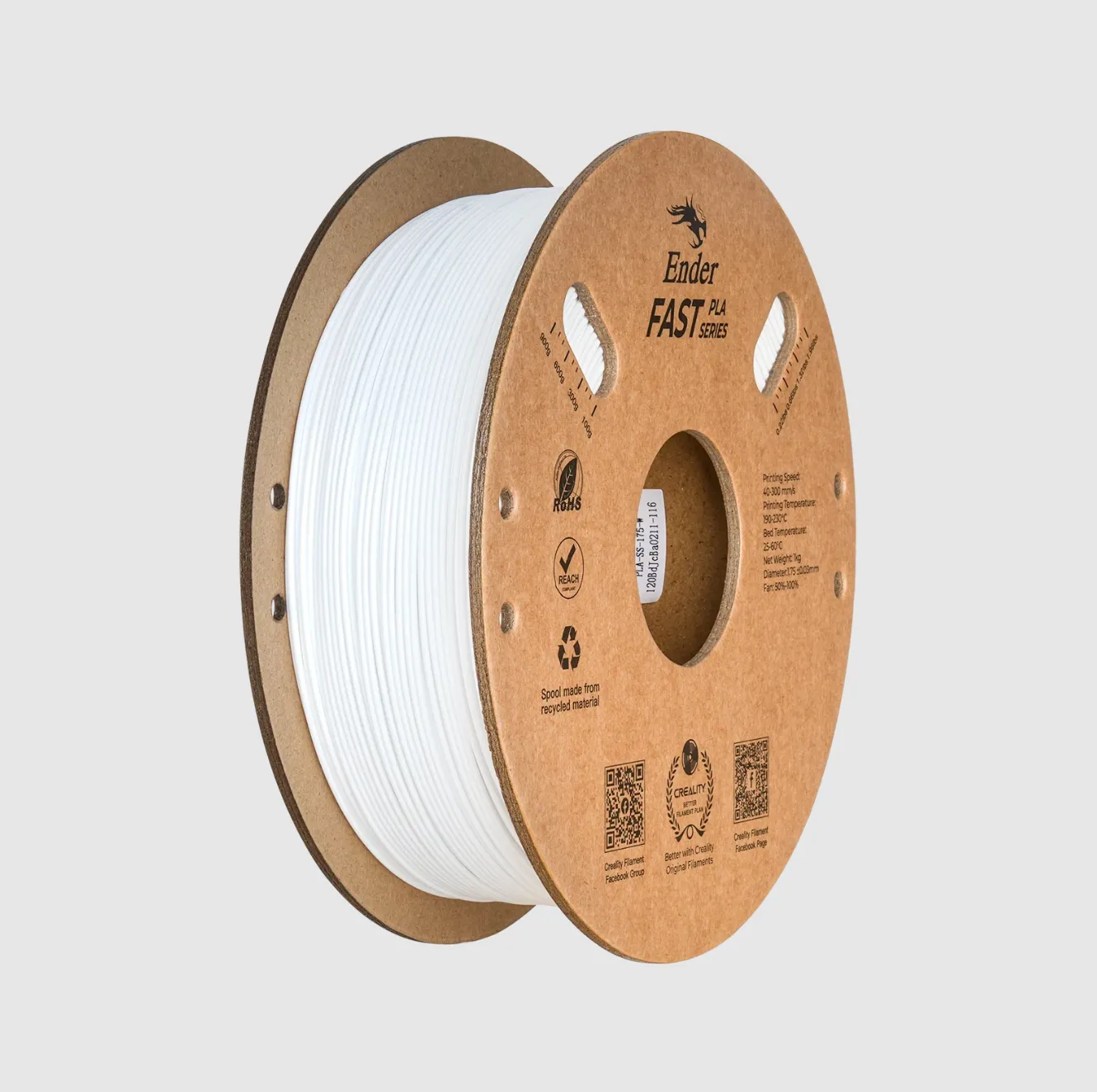 Creality Ender Fast PLA white 3D printing filament spool 1.75mm 1kg angled view with paper reel