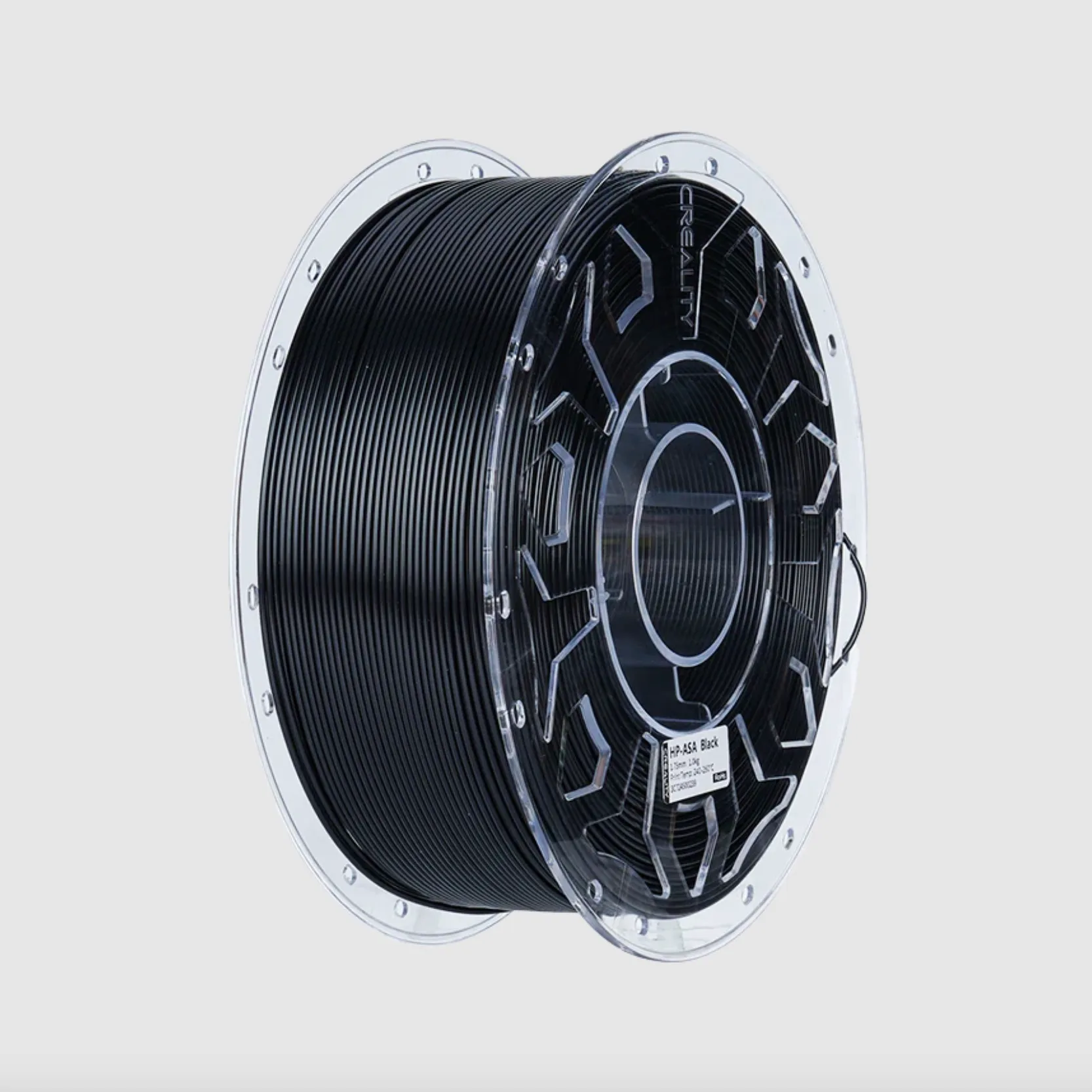 Creality Hyper ASA black filament spool angled view with transparent reel and tightly wound ASA filament