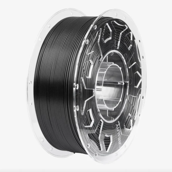 Creality HP ASA filament black 1.75mm spool angled view with transparent reel showing neat filament arrangement