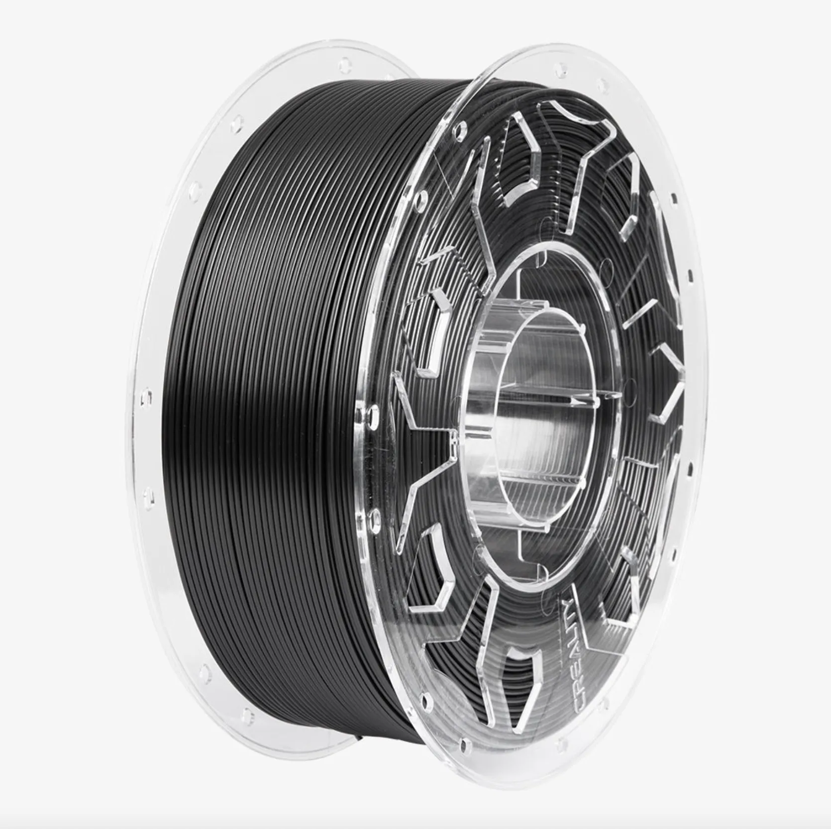 Creality HP ASA filament black 1.75mm spool angled view with transparent reel showing neat filament arrangement