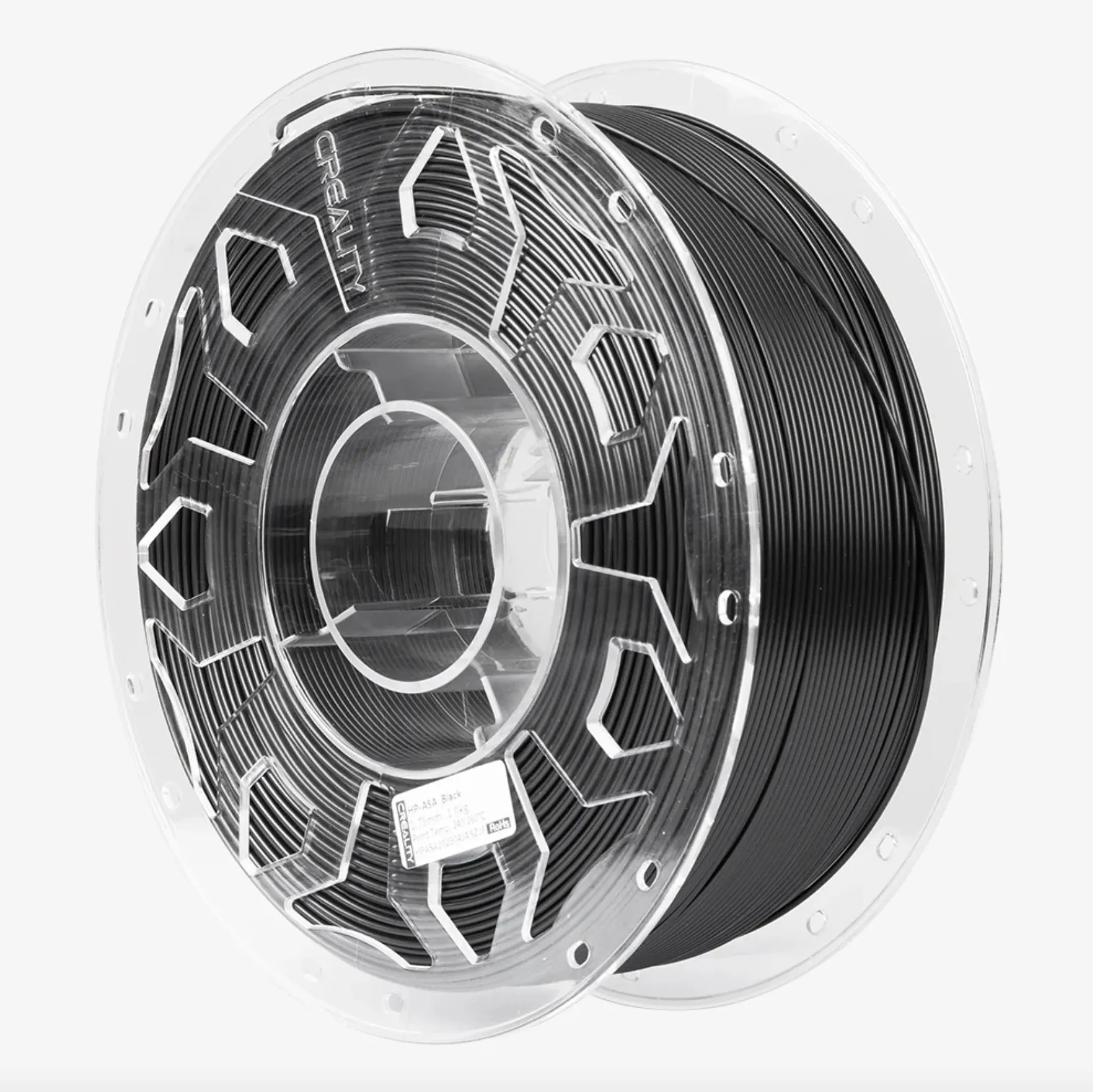 full spool view of Creality HP ASA black filament 1.75mm 1kg showing clean winding and spool design