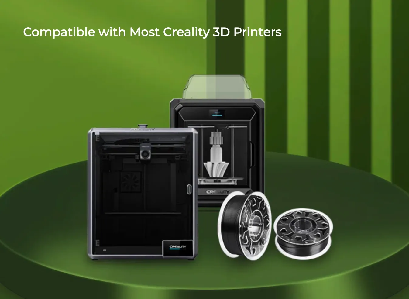 Creality Hyper ASA filament spool displayed with multiple Creality 3D printers showing wide compatibility