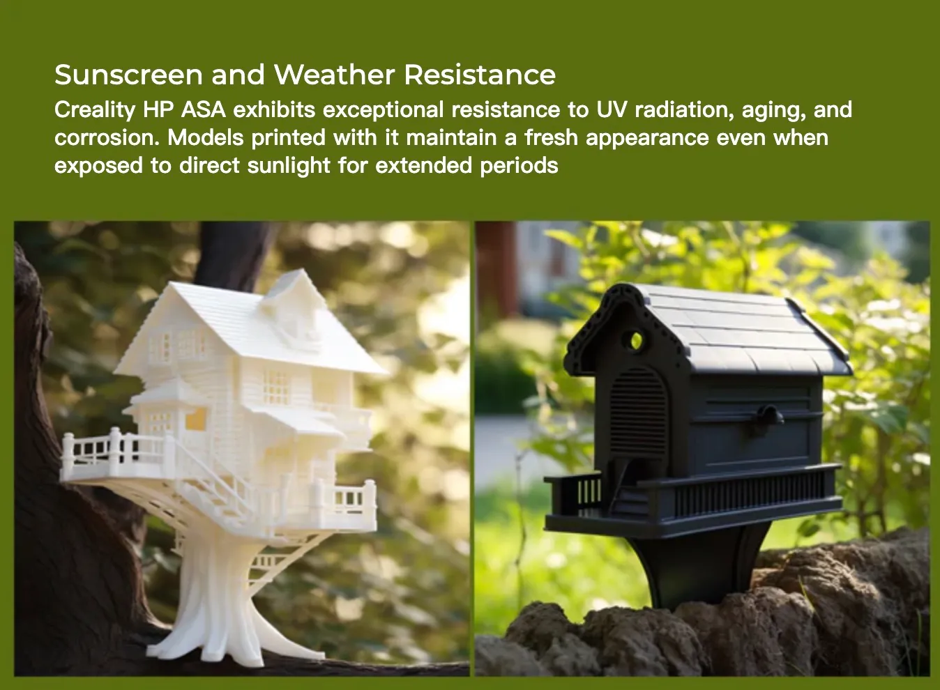 comparison of outdoor printed models showing ASA filament resisting UV damage while standard filament fades