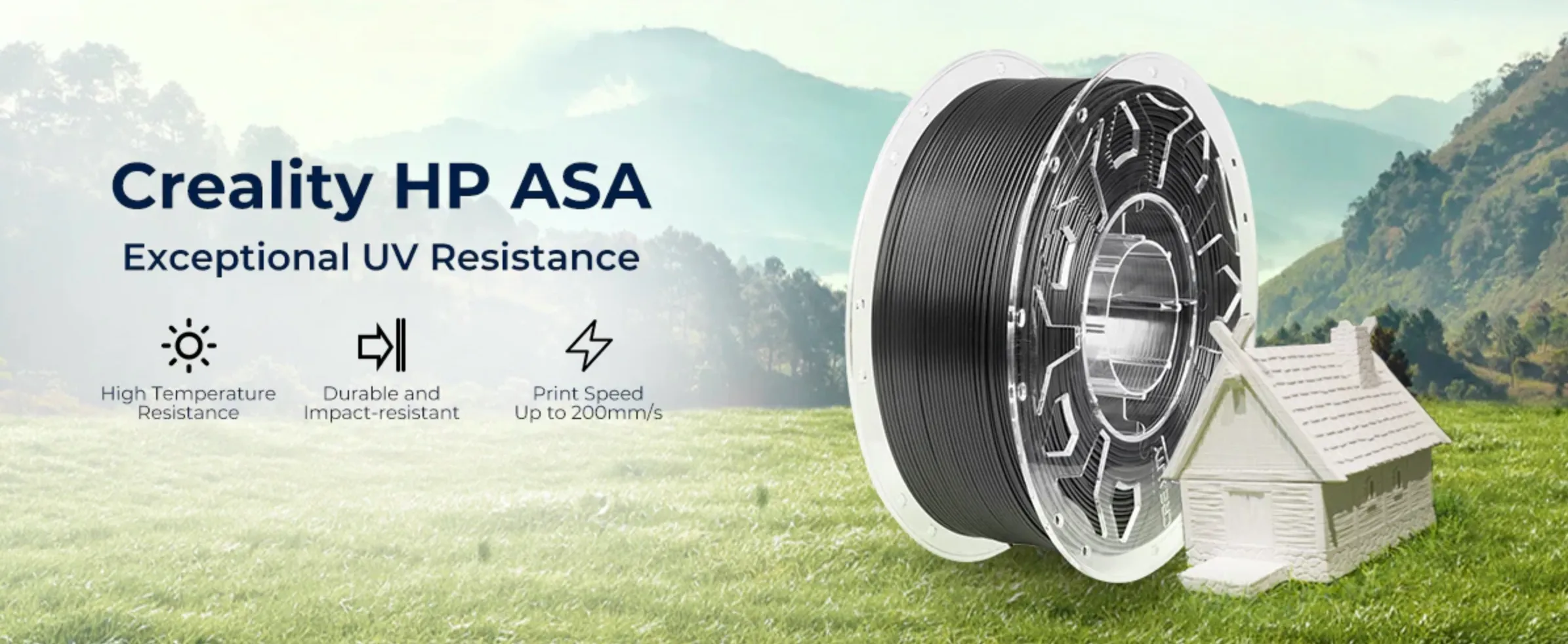 Creality Hyper ASA filament spool with outdoor background highlighting UV resistance heat resistance and durability