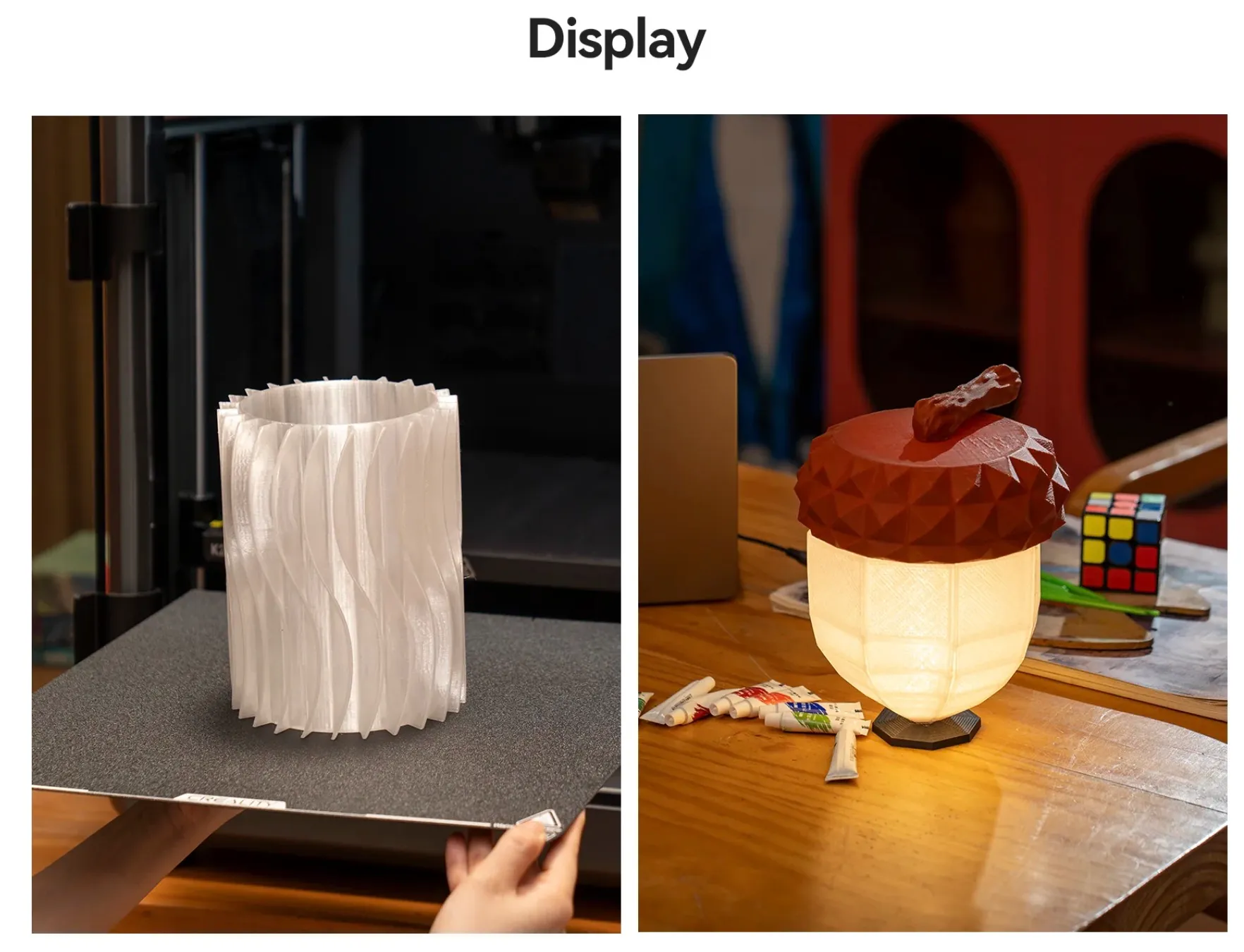 3D printed vase and lamp made with Creality Hyper PC Clear Filament showing transparent finish and layered texture