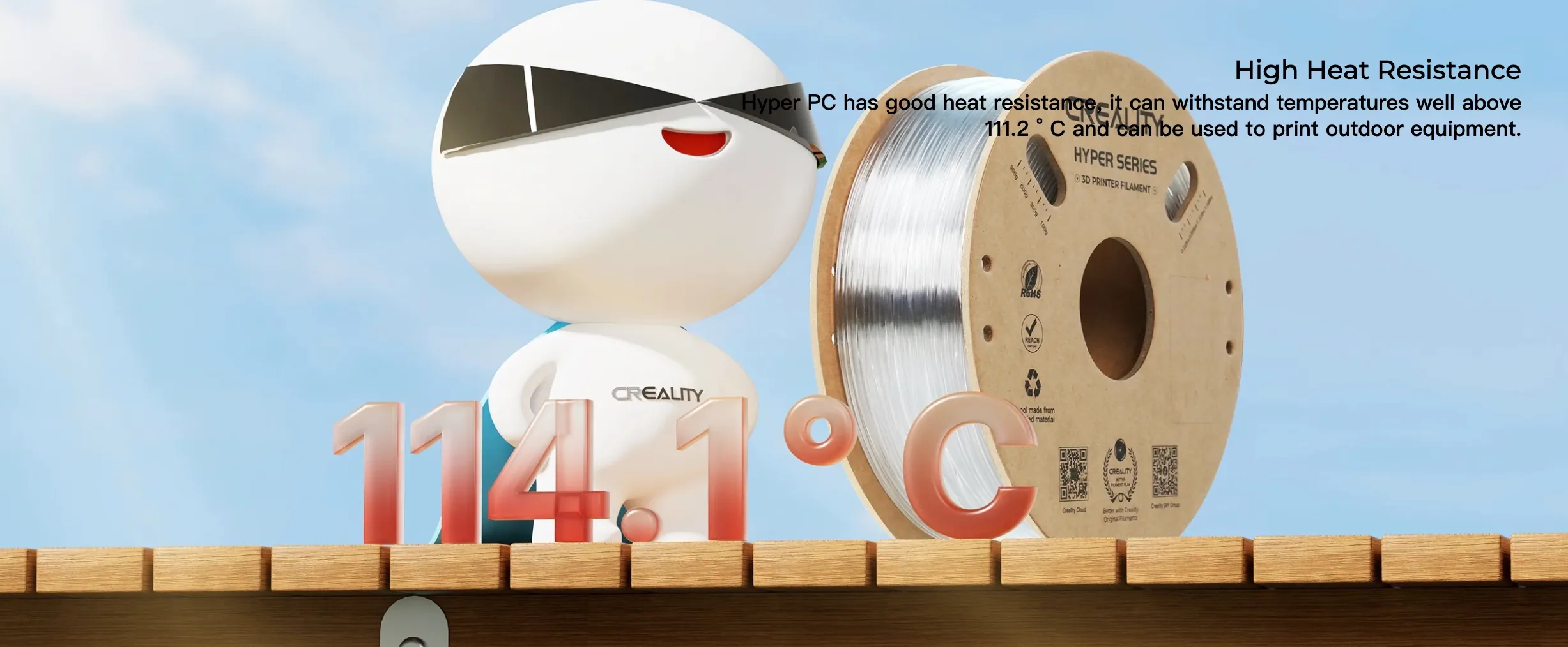 Creality Hyper PC Clear Filament spool with high heat resistance up to 114&deg;C displayed with printed object