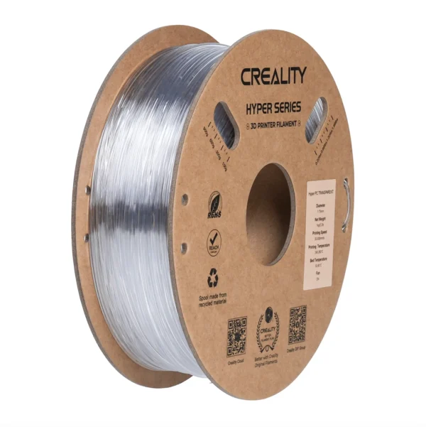 side angle view of Creality Hyper PC Clear Filament spool showing transparent filament winding