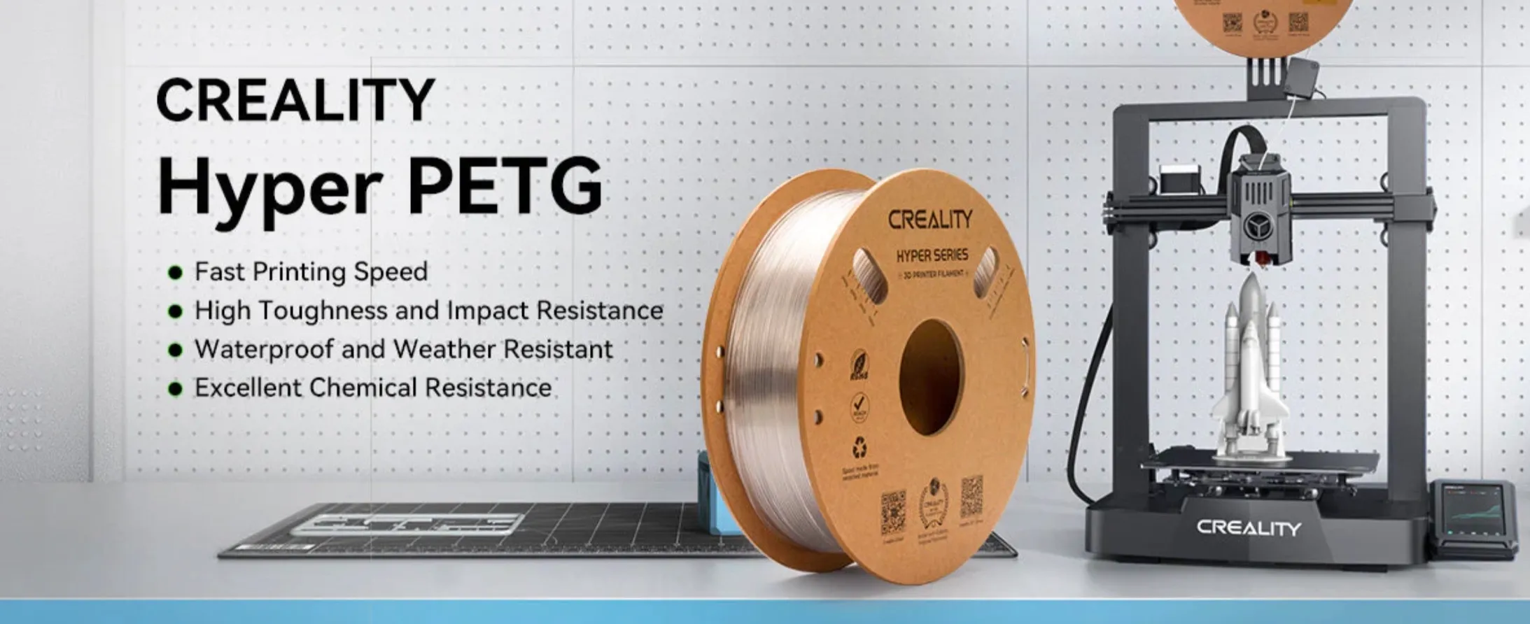 Creality Hyper PETG Filament spool with 3D printer showing features like fast printing waterproof and chemical resistance