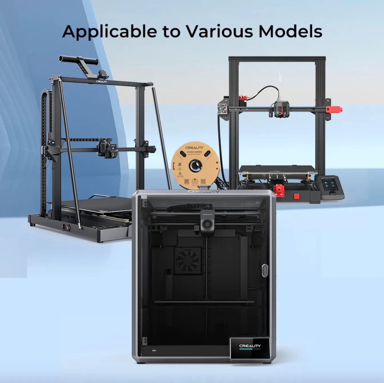 Creality Hyper PLA-CF Filament shown with multiple compatible 3D printer models