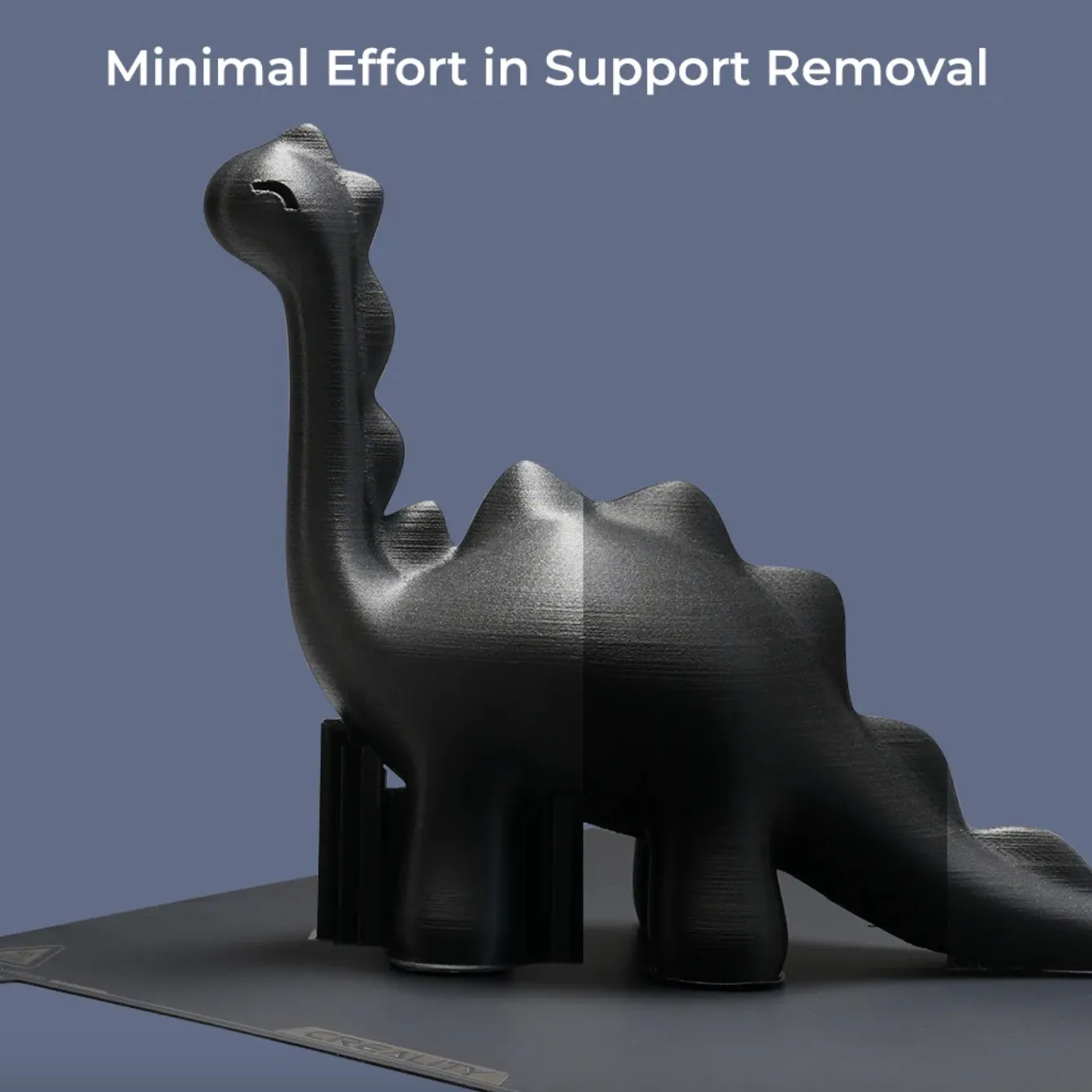 Creality Hyper PLA-CF Filament black dinosaur print with support structure on build plate