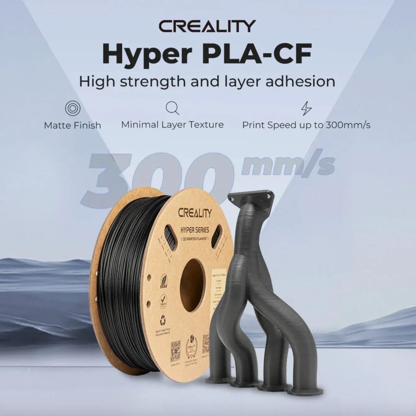Creality Hyper PLA-CF Filament spool with printed exhaust pipe model showing high strength matte finish and 300mm/s print speed