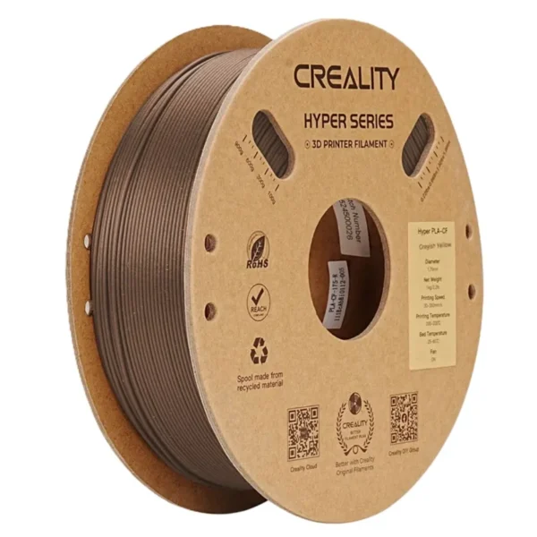 Creality Hyper PLA-CF Greyish Yellow filament 1.75mm 1kg spool front view Creality Hyper PLA-CF Greyish Yellow filament 1.75mm 1kg spool with cardboard reel front angle