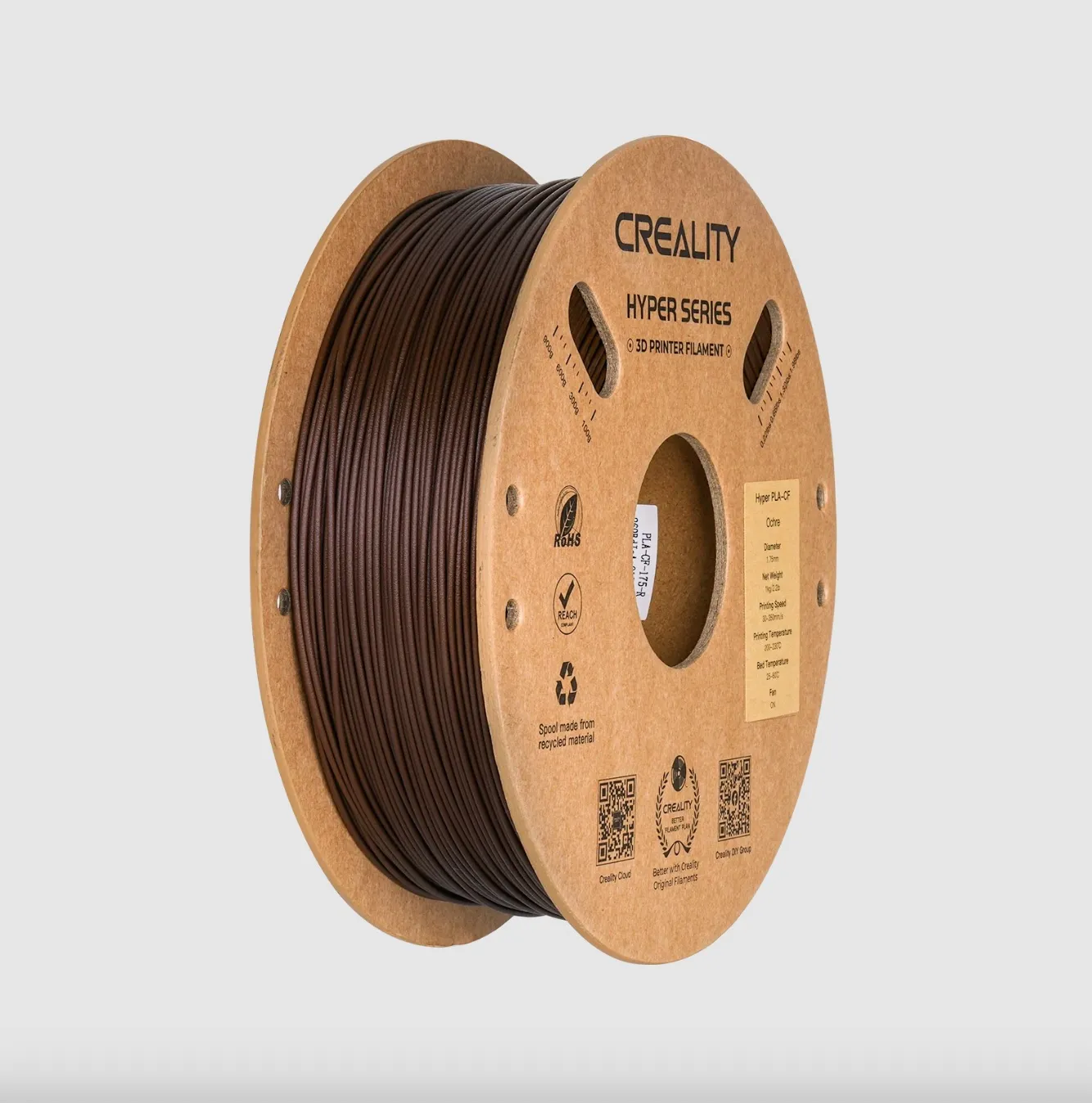 Creality Hyper PLA-CF Ochre filament 1.75mm 1kg spool angled display with filament winding