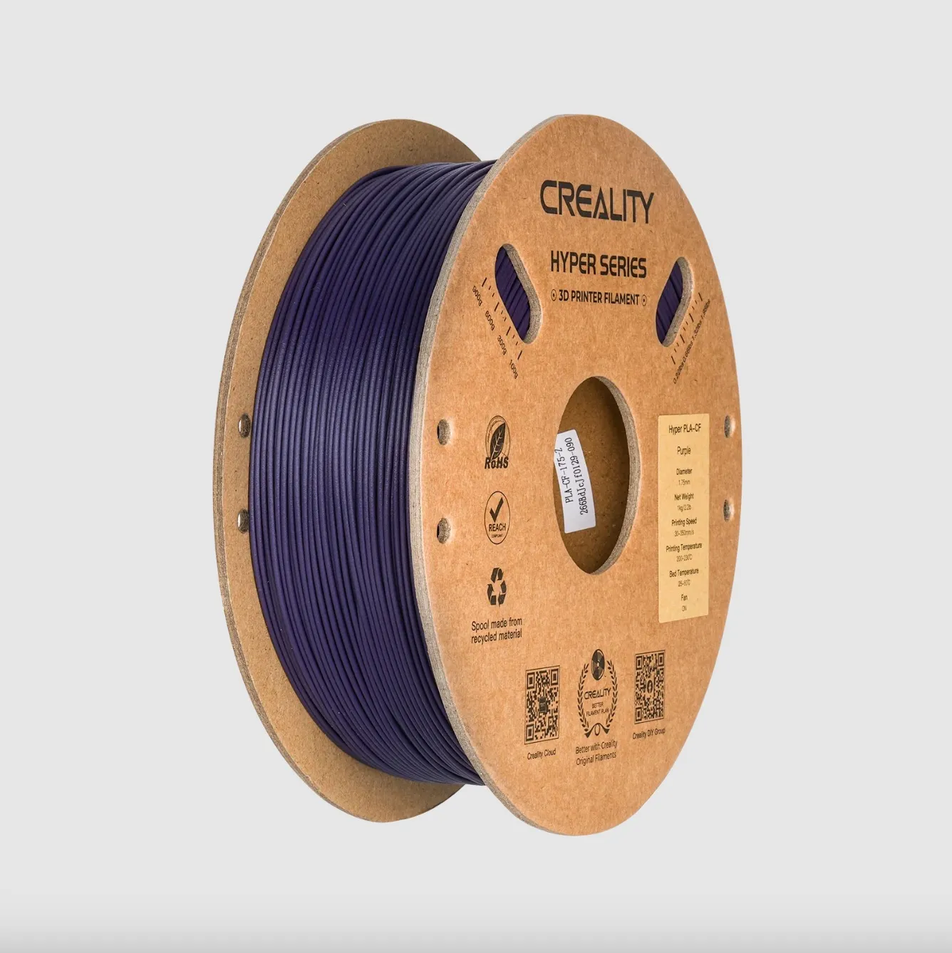 Creality Hyper PLA-CF Purple filament 1.75mm 1kg spool angled display with filament winding