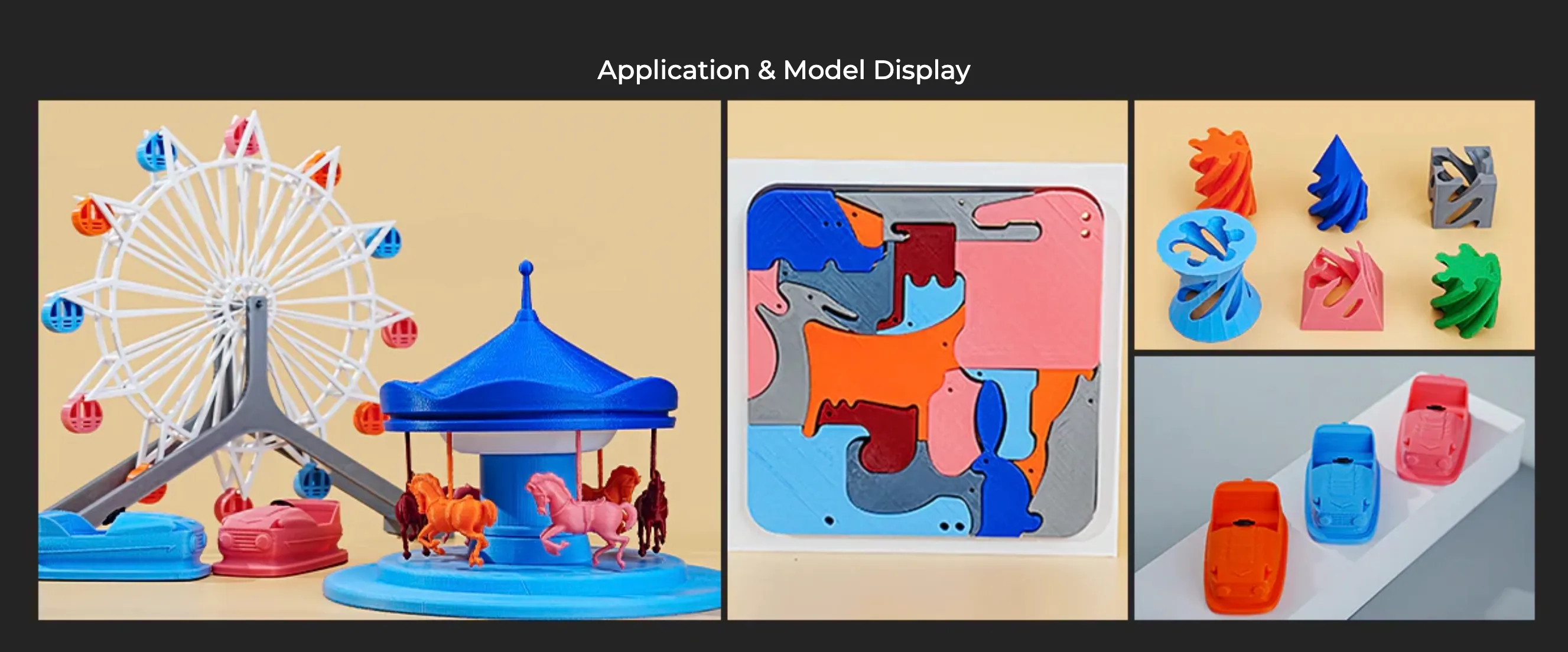3D printed models including ferris wheel carousel puzzle and small cars made with colorful PLA filament