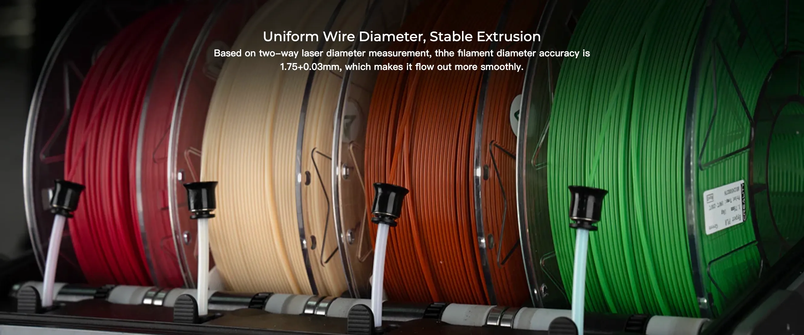 Multiple colored filament spools loaded in printing system showing smooth feeding and stable extrusion