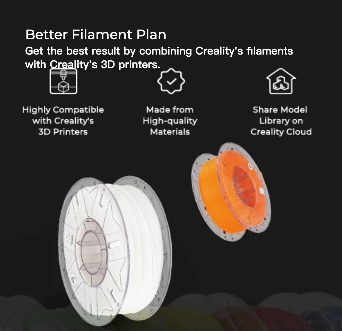 Creality Hyper PLA filament spools showing compatibility with Creality 3D printers and high quality material