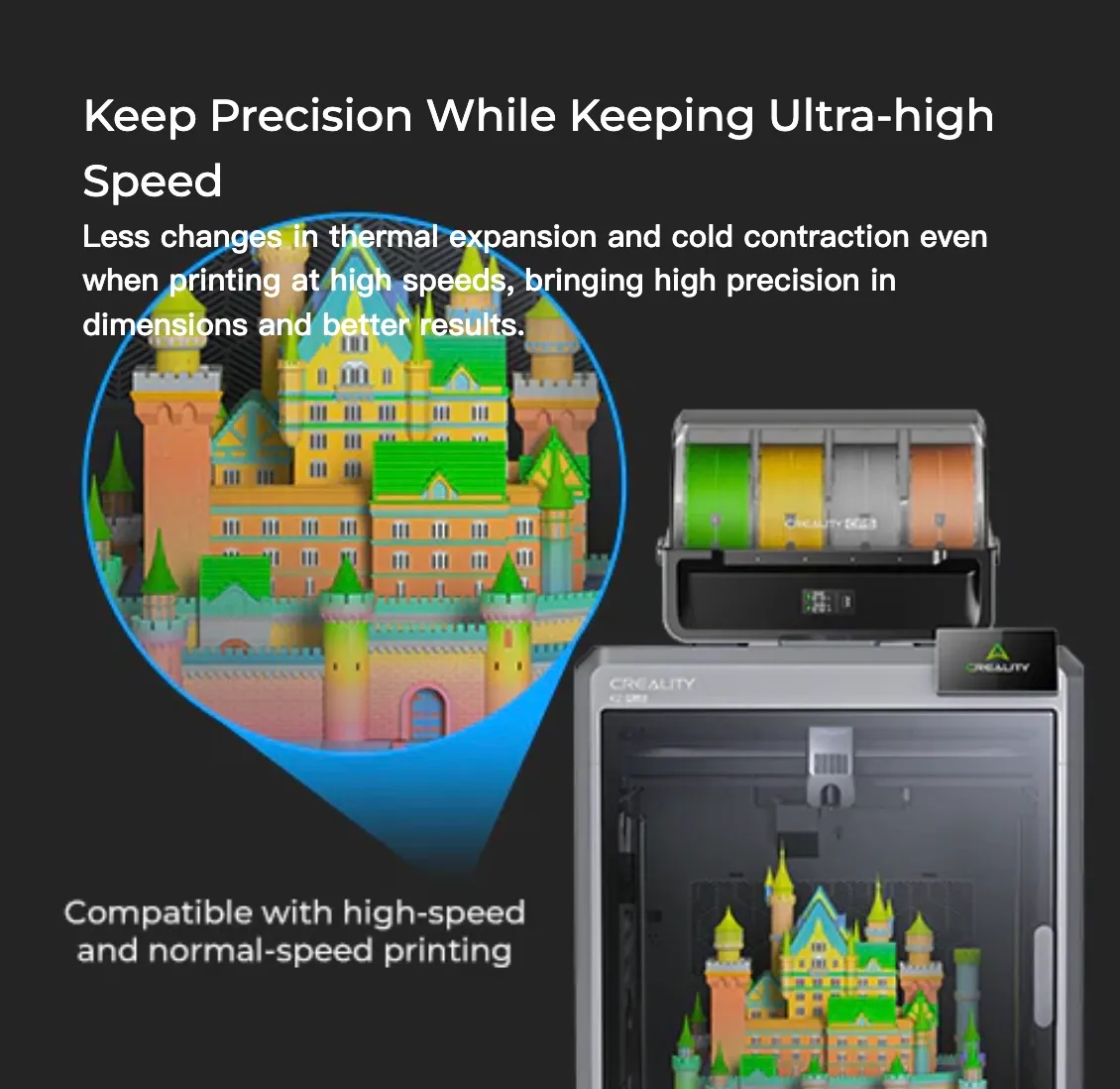 Creality Hyper PLA filament printing colorful castle model with high precision at ultra high speed on 3D printer