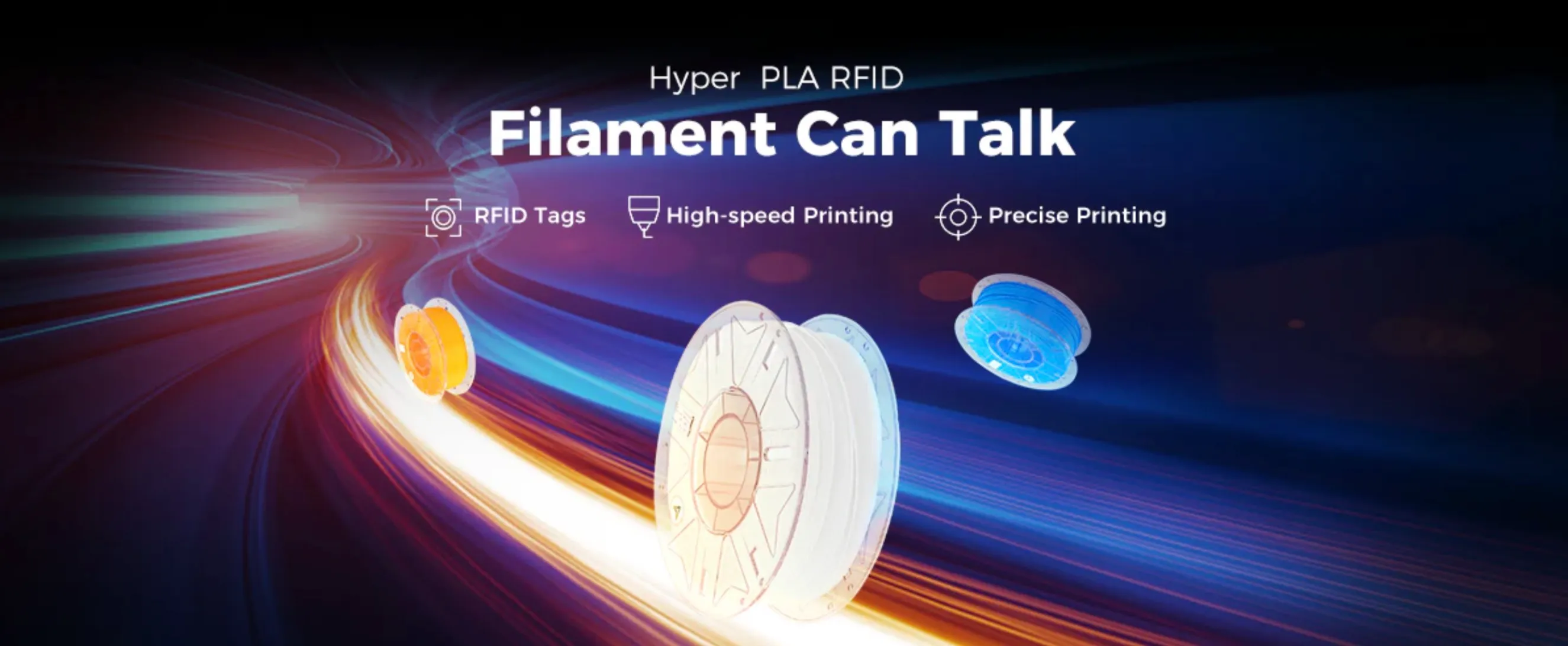 Creality Hyper PLA RFID filament spools with light trails showing RFID tags high speed and precise 3D printing