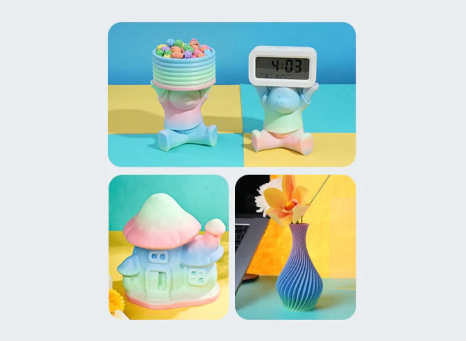 3D printed models made with Creality Hyper PLA Rainbow Filament showing multicolor gradient effects on figures, mushroom house, and vase