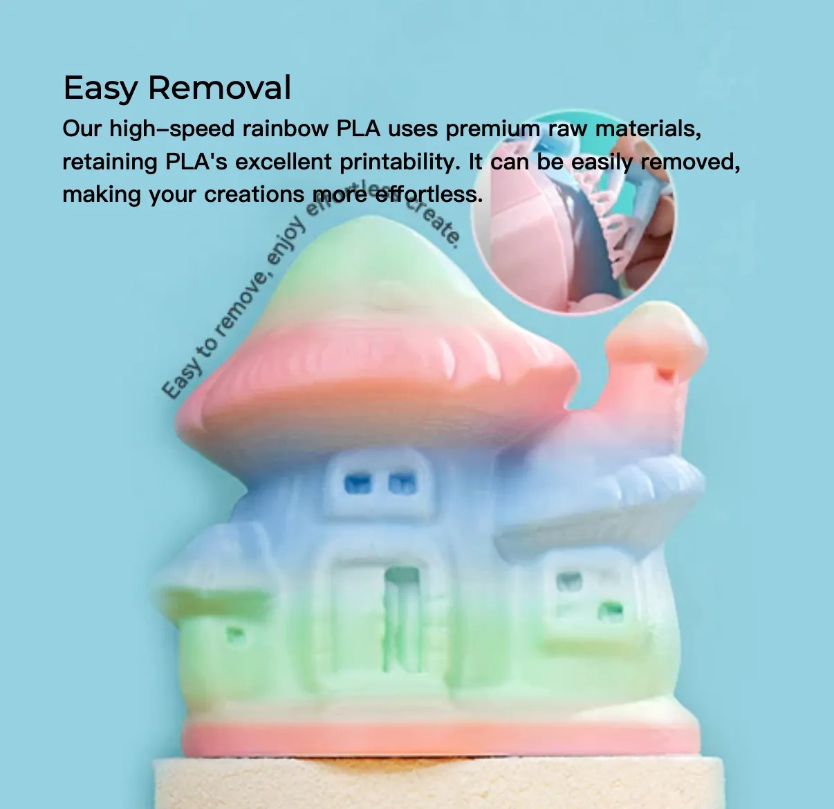 3D printed mushroom model using Creality Hyper PLA Rainbow Filament demonstrating easy removal and smooth surface finish