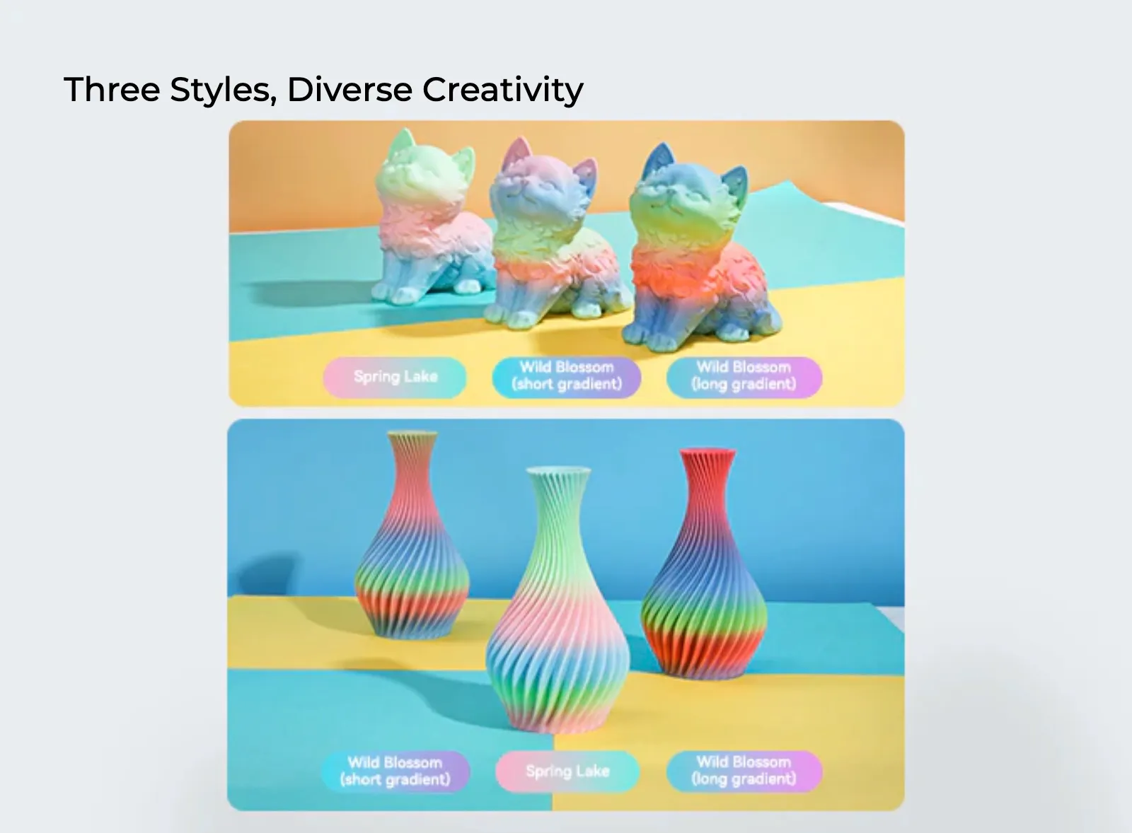 comparison of different gradient styles using Creality Hyper PLA Rainbow Filament including short gradient and long gradient color transitions