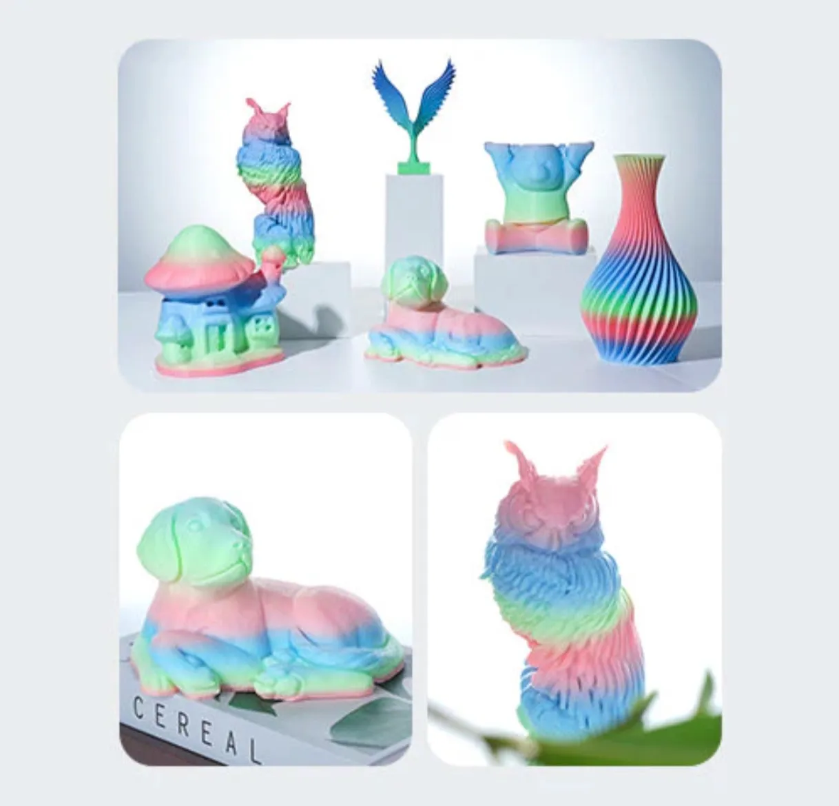 multicolor 3D printed cat, dog, owl and vase using Creality Hyper PLA Rainbow Filament with smooth gradient colors