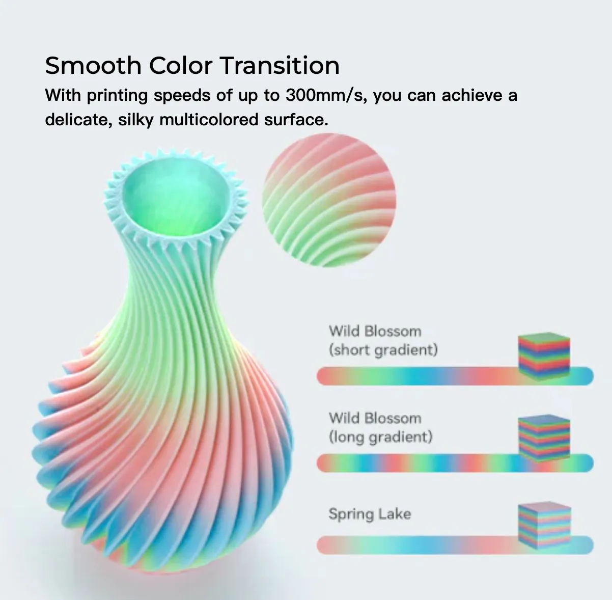 close-up of rainbow PLA filament 3D printed vase showing smooth multicolor gradient transition and layered texture