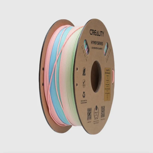 Creality Hyper PLA Rainbow Filament Wild Blossom Long 1.75mm 1kg spool showing pastel multicolor gradient filament on cardboard reel