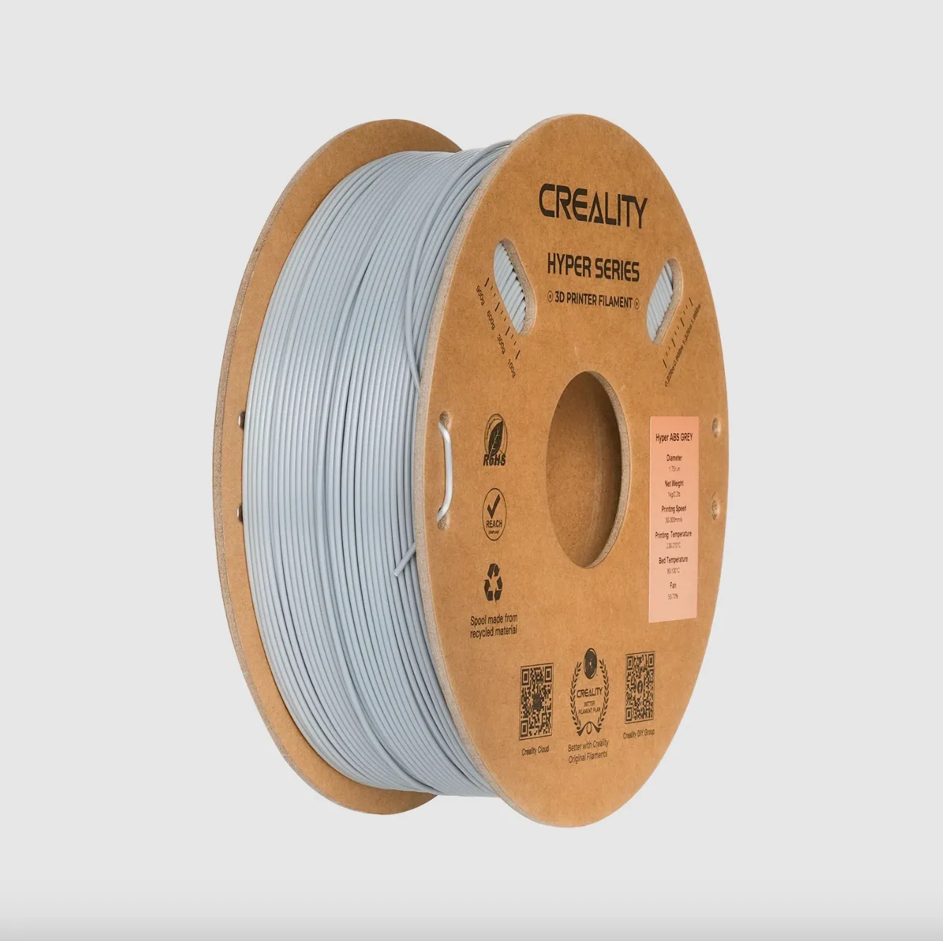 Creality Hyper Series ABS Gray filament 1.75mm 1kg angled view showing spool structure and filament arrangement