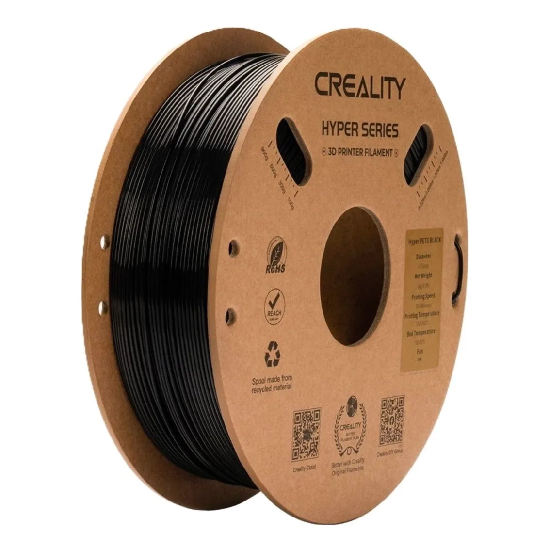 Creality Hyper Series PETG Black filament 1.75mm 1kg spool angled view showing recycled cardboard spool and filament winding