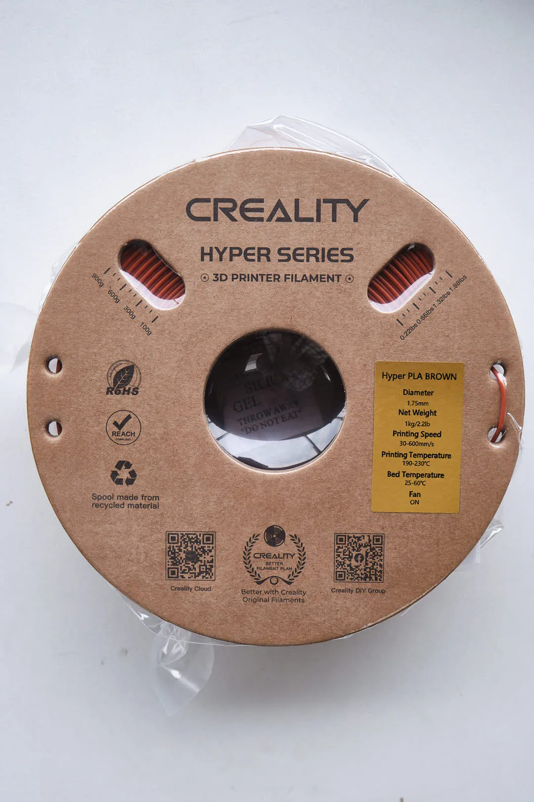 Front view of Creality Hyper Series PLA Brown filament 1.75mm 1kg spool with cardboard reel