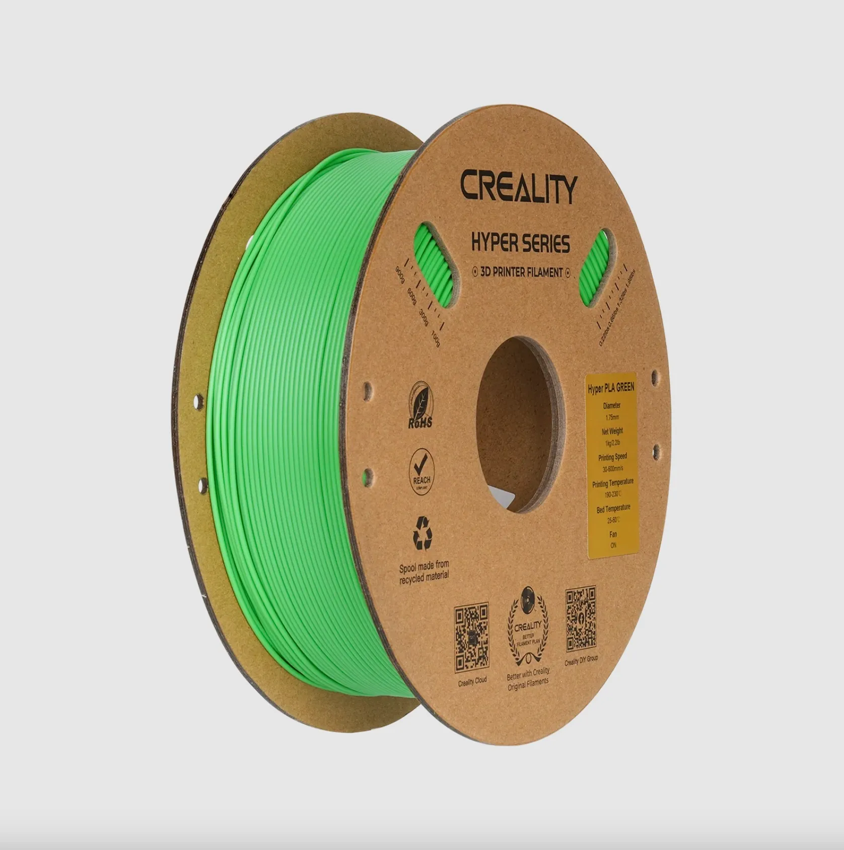 Creality Hyper Series PLA Green filament 1.75mm 1kg 3D printer filament spool on recyclable cardboard reel