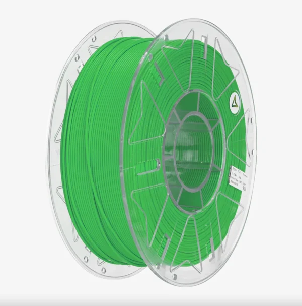 Perspective view of Creality Hyper Series PLA RFID Green filament 1.75mm 1kg spool with transparent reel and evenly wound green filament