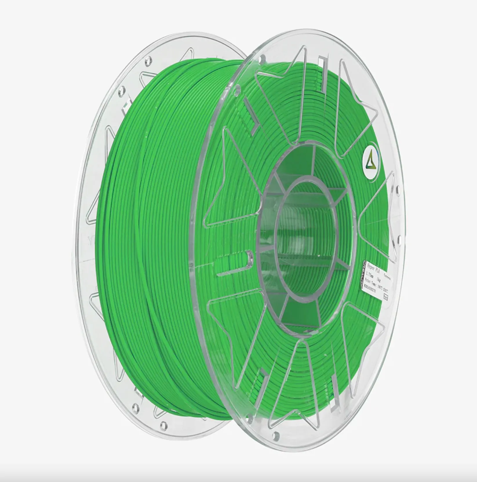 Perspective view of Creality Hyper Series PLA RFID Green filament 1.75mm 1kg spool with transparent reel and evenly wound green filament