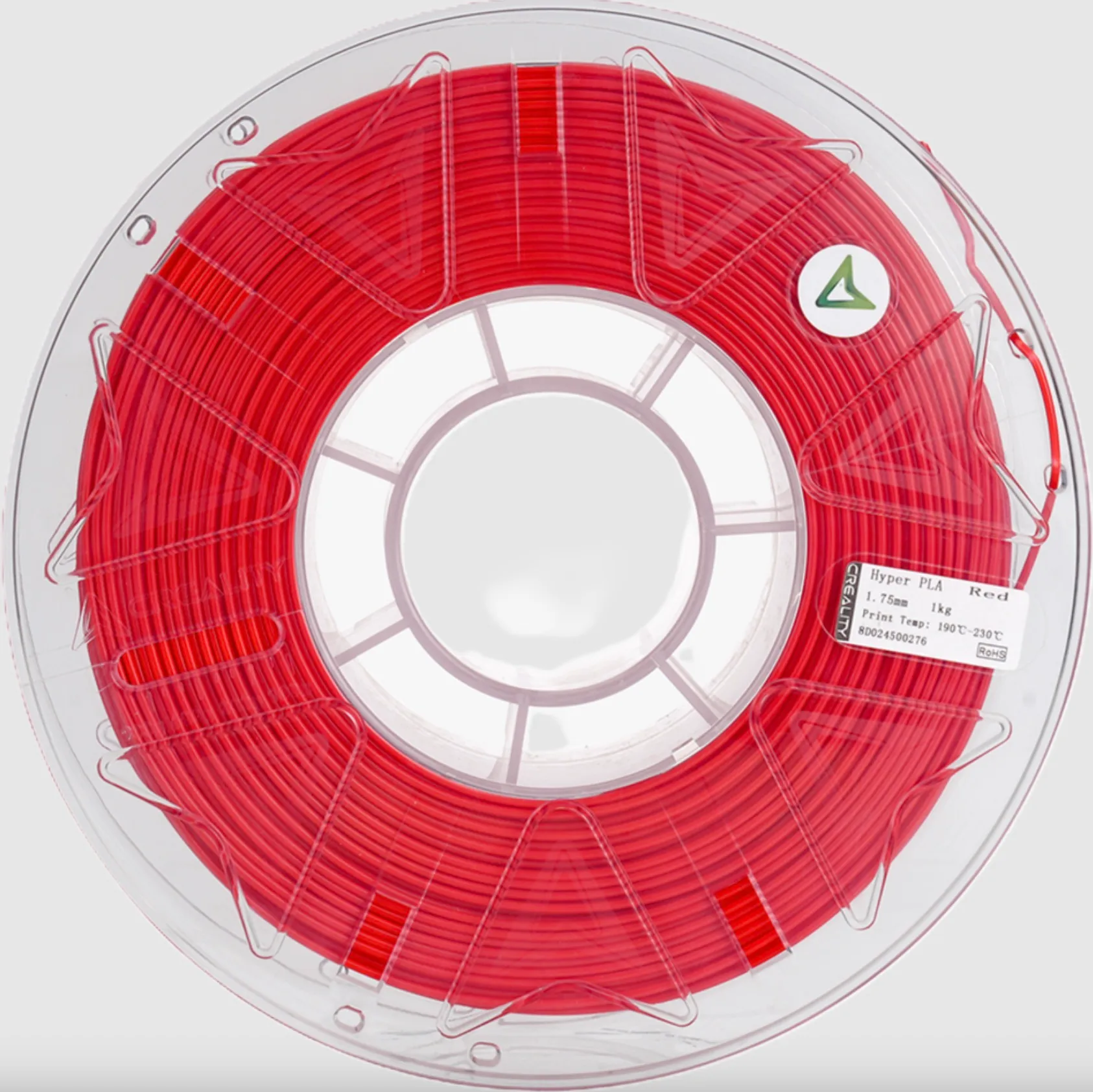 Front view of Creality Hyper Series PLA RFID red filament spool showing label and transparent reel design