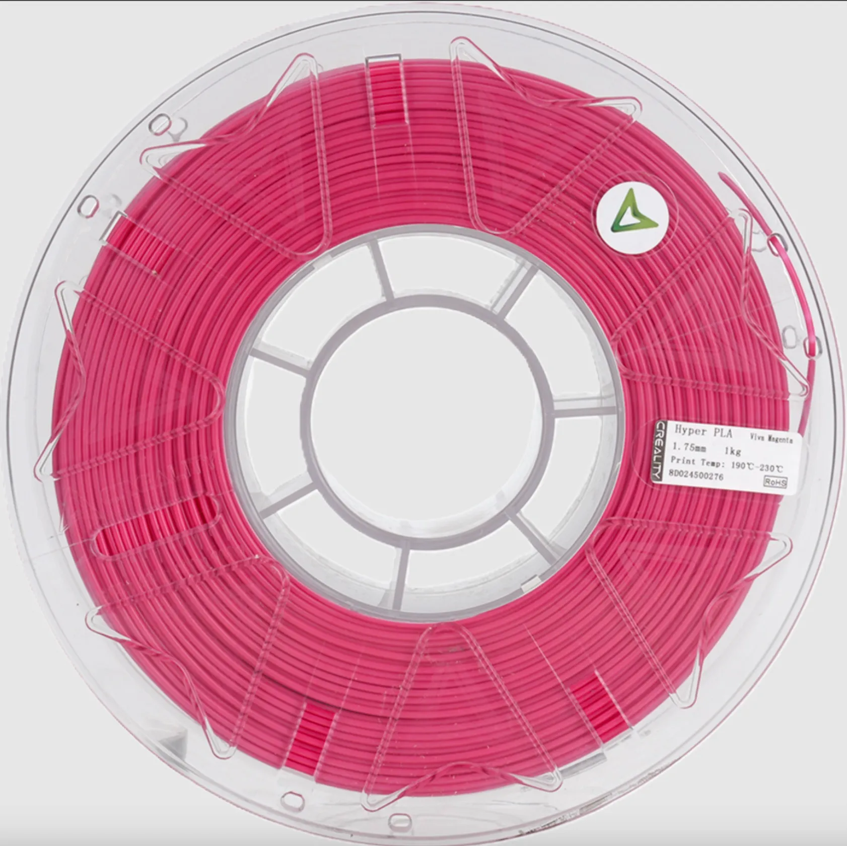 Front view of Creality Hyper Series PLA RFID viva magenta filament spool with label and transparent reel