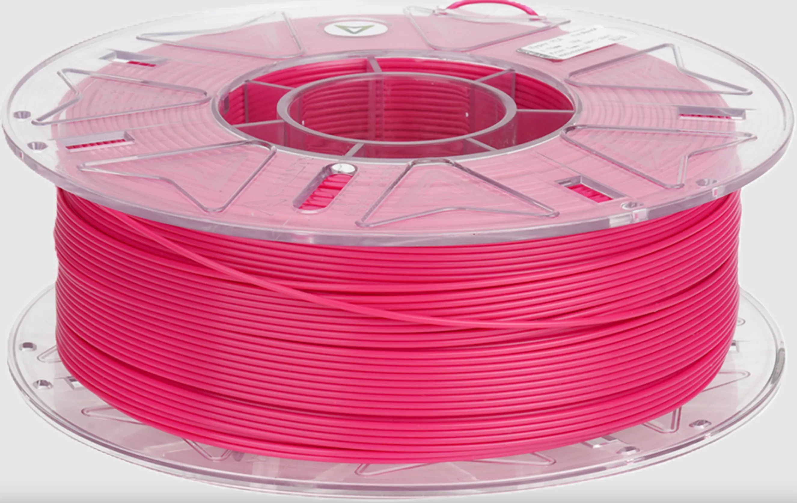 Horizontal view of Creality Hyper Series PLA RFID viva magenta filament spool with transparent reel