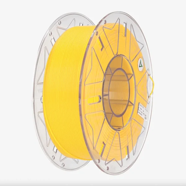 Perspective view of Creality Hyper Series PLA RFID Yellow filament 1.75mm 1kg spool with transparent reel and evenly distributed filament