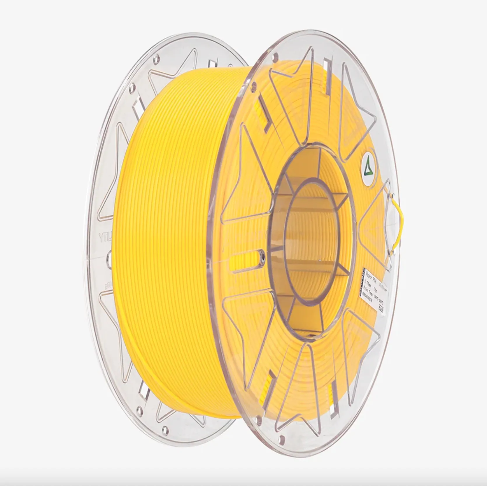 Perspective view of Creality Hyper Series PLA RFID Yellow filament 1.75mm 1kg spool with transparent reel and evenly distributed filament