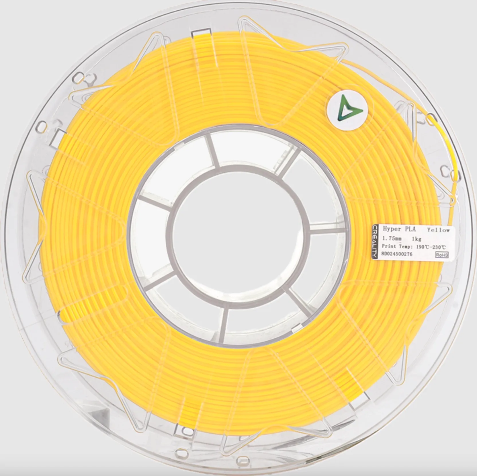 Top view of Creality Hyper Series PLA RFID Yellow filament 1.75mm 1kg with evenly wound filament, RFID marker, and product label