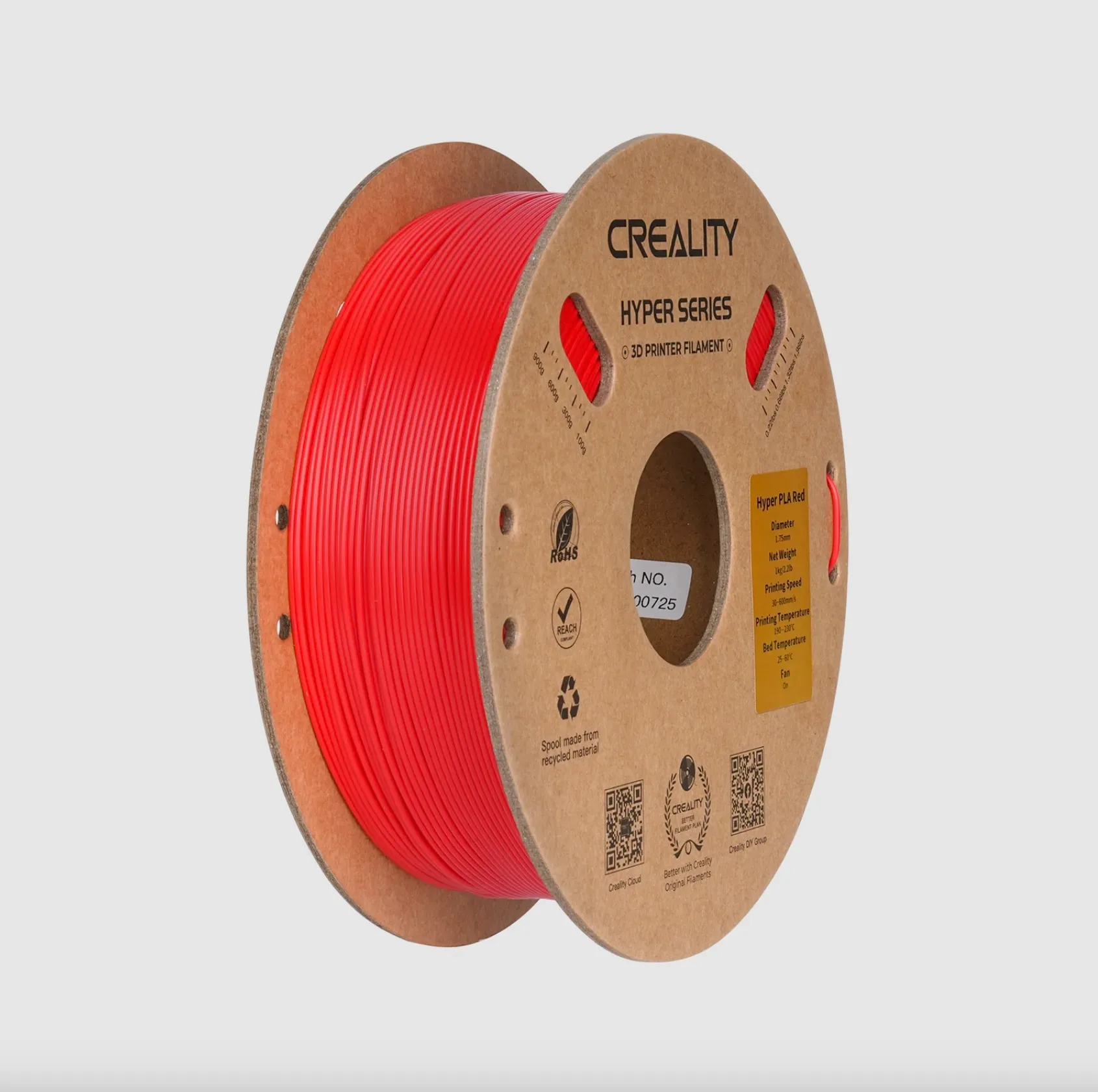 Creality Hyper Series PLA Red filament 1.75mm 1kg 3D printer filament spool on recyclable cardboard reel