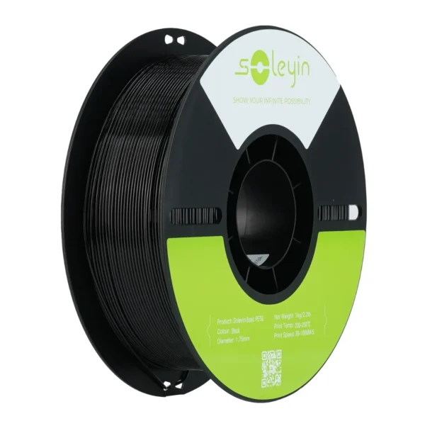 Creality Soleyin Basic PETG Black Filament 1.75mm 1kg Spool Creality Soleyin Basic PETG Black Filament 1.75mm 1kg spool with black reel and neatly wound black filament