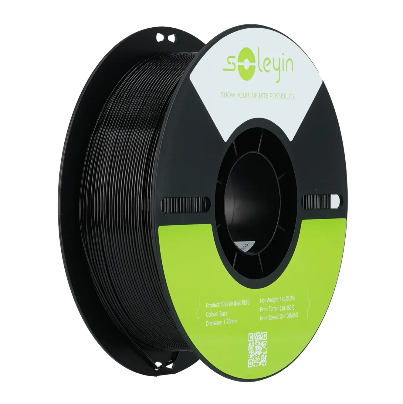 Creality Soleyin Basic PETG Black Filament 1.75mm 1kg spool with black reel and neatly wound black filament