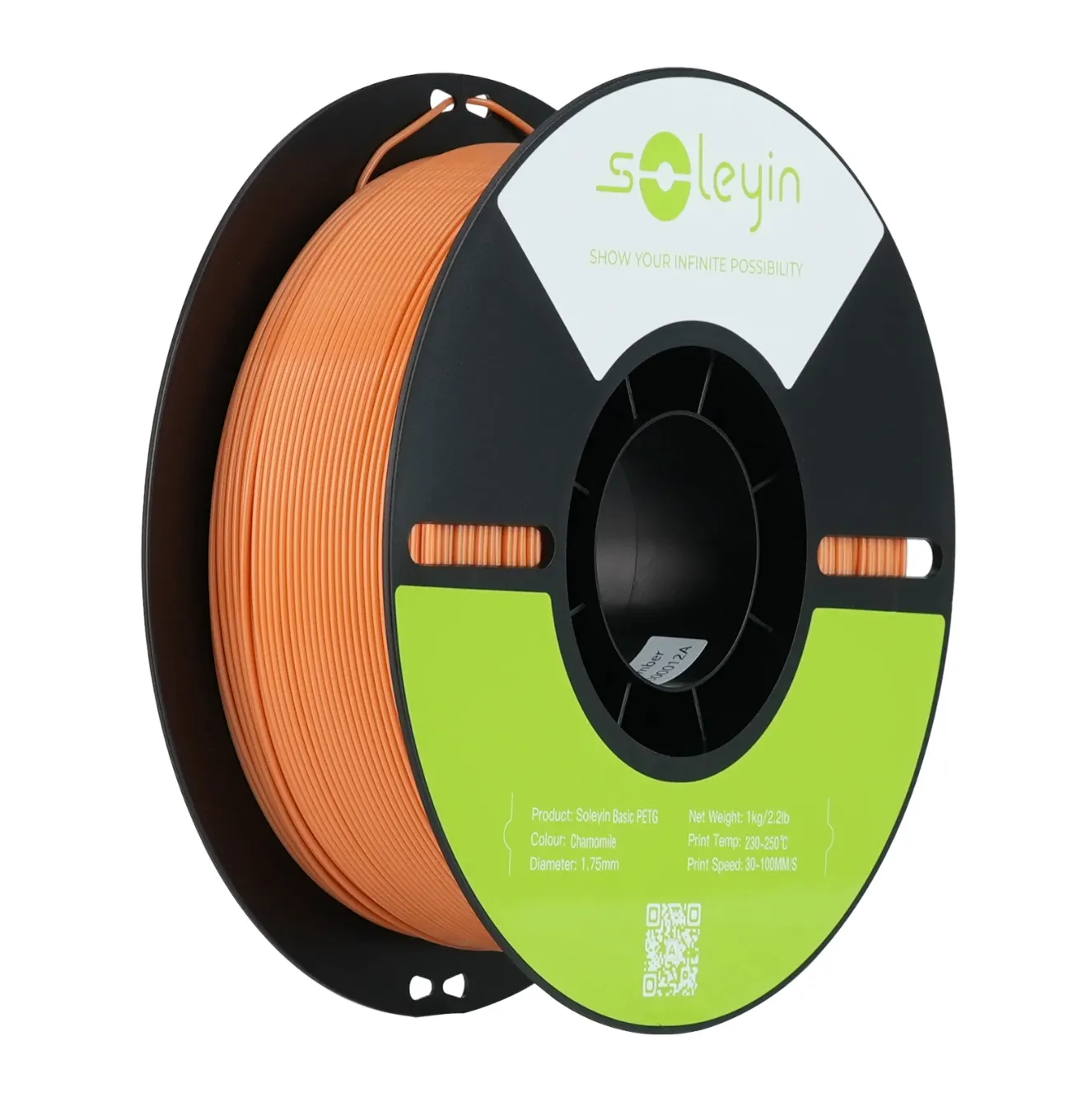 Creality Soleyin Basic PETG Chamomile Filament 1.75mm 1kg spool with black reel and neatly wound chamomile orange filament