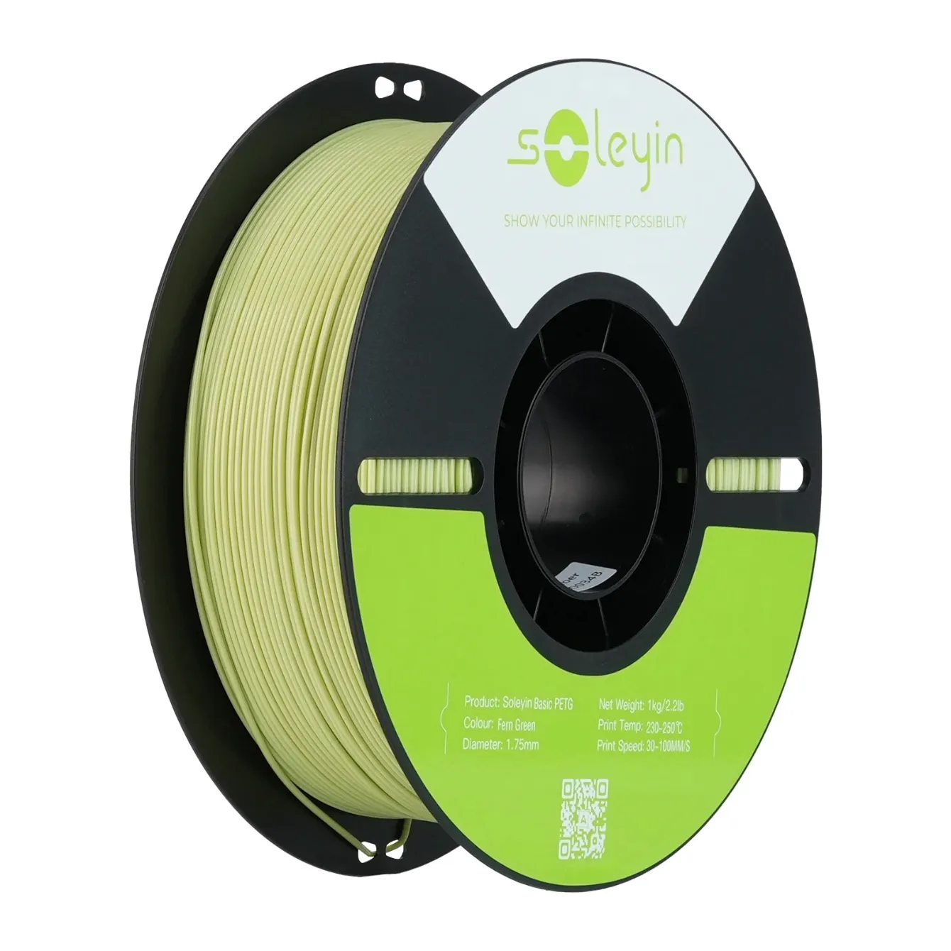 Creality Soleyin Basic PETG Fern Green Filament 1.75mm 1kg spool with black reel and neatly wound fern green filament