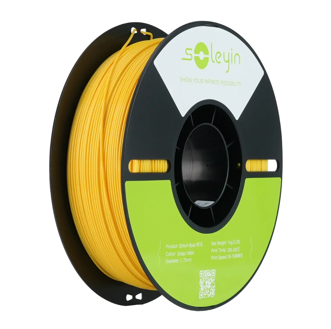 Creality Soleyin Basic PETG Ginkgo Yellow Filament 1.75mm 1kg spool with black reel and neatly wound yellow filament